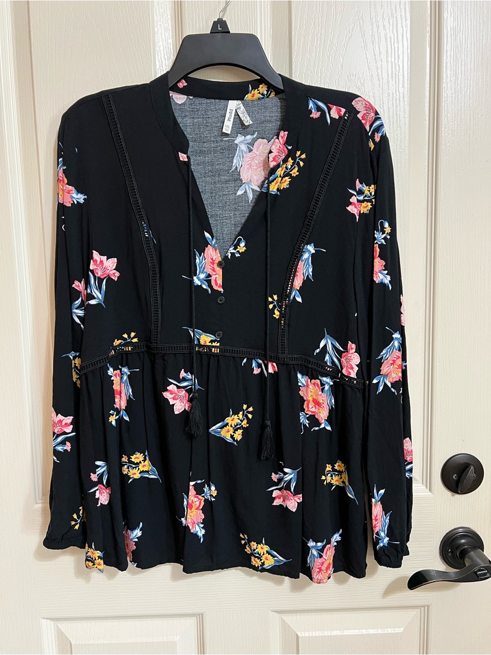Mudd Black Floral Peasant Blouse with Pink & Yellow Accents